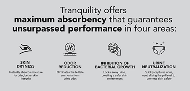 Tranquility offers unsurpassed performance in skin dryness, odor reduction, inhibition of bacteria growth, and urine neutralization.